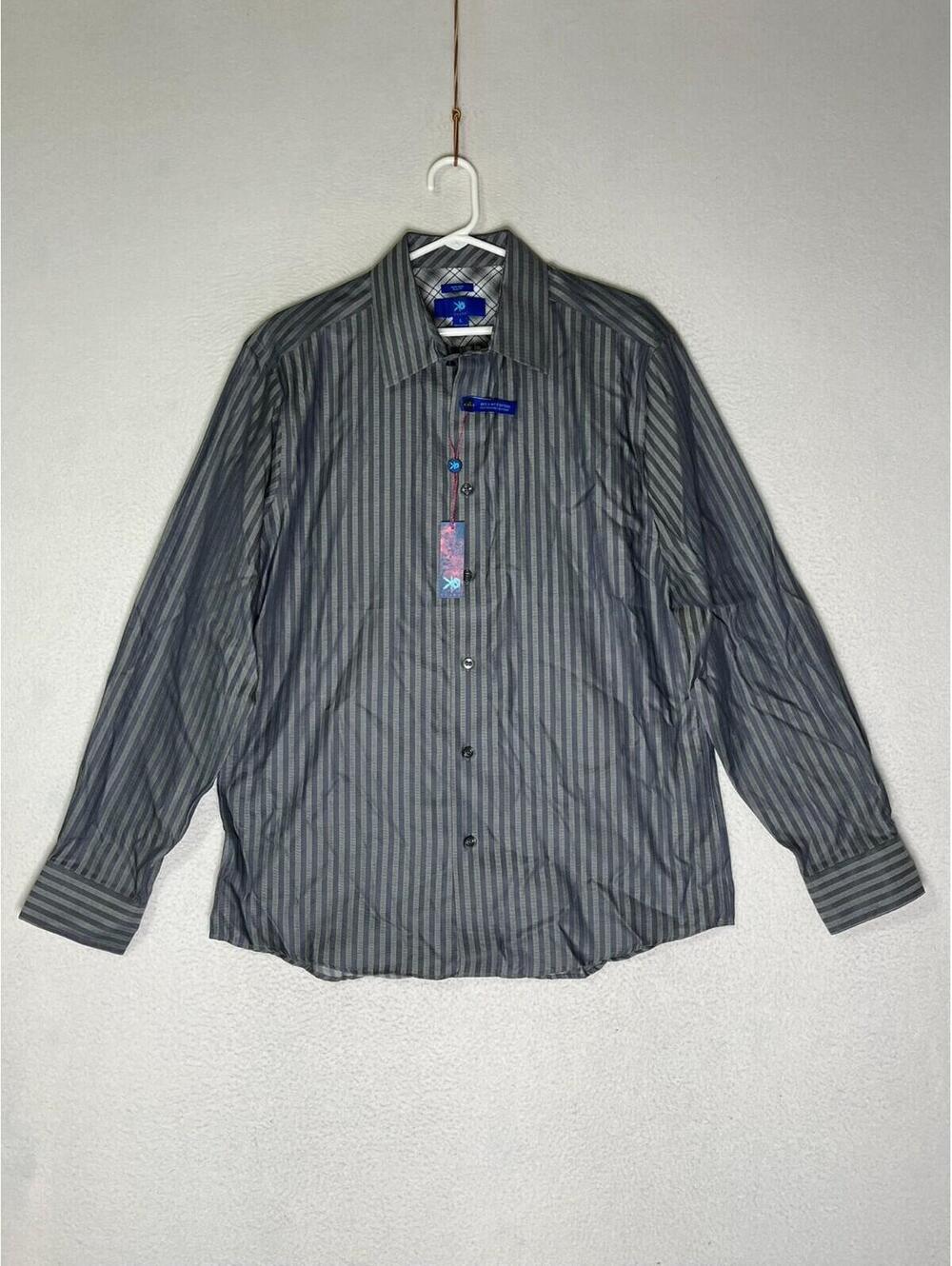 Egara Men's Wearhouse Gray Striped Button Up Shirt Non-Iron Slim Fit Mens Size L